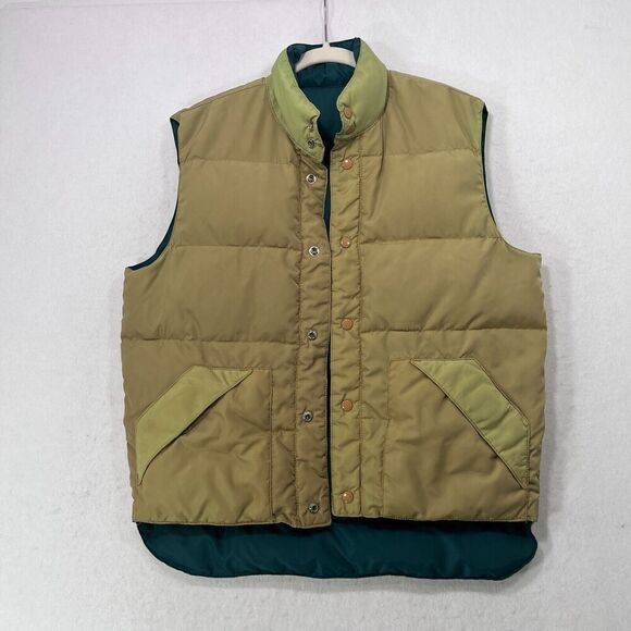 Vtg 80s National Vest Men S Green Tan Reversible Down Fills Puffer Marty McFly - Picture 2 of 12